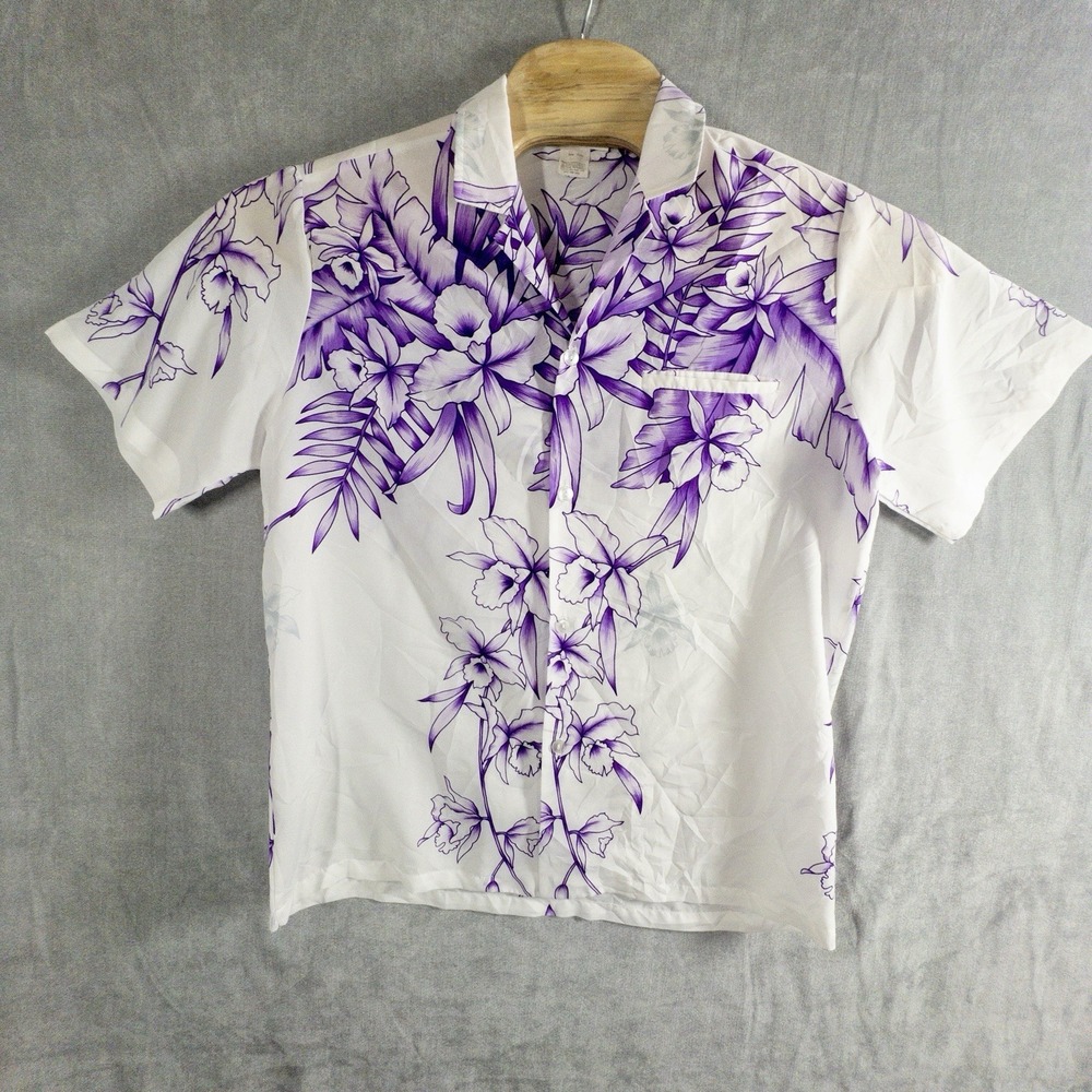 Vintage Hawaiian Shirt‎ Mens Medium Made In Hawaii Purple Hibiscus Resortwear
